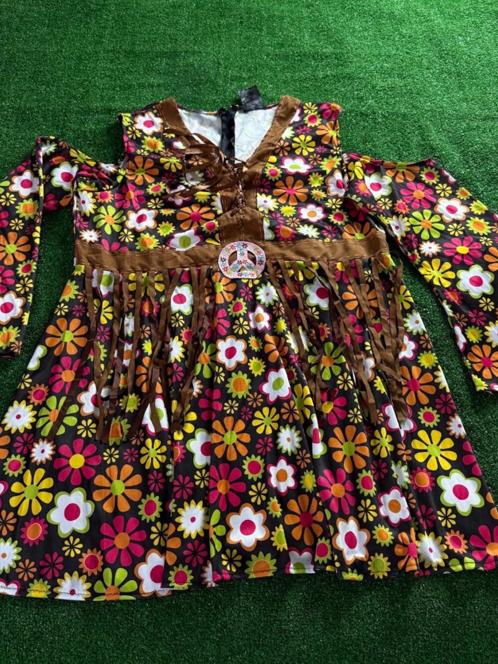 Leg Avenue Starflower Hippie 60s Costume Dress Women's 3X 4X Brown Floral Fringe